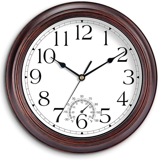 10 Inch Outdoor Wall Clock with Thermometers, Vintage Silent Wall Clocks Battery Operated, Retro Non-Ticking Clock Decorative for Living Room, Patio, Kitchen, Office, Bathroom, Bedroom(Bronze)