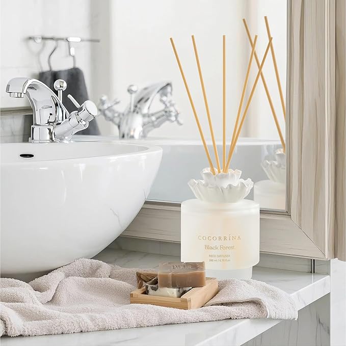 Cocorrina Gypsum Flower Reed Diffuser Set for Bathroom Décor – Black Forest Scent, 6.76 oz with Sticks & Oil – Home Fragrance for Bathroom & Living Space
