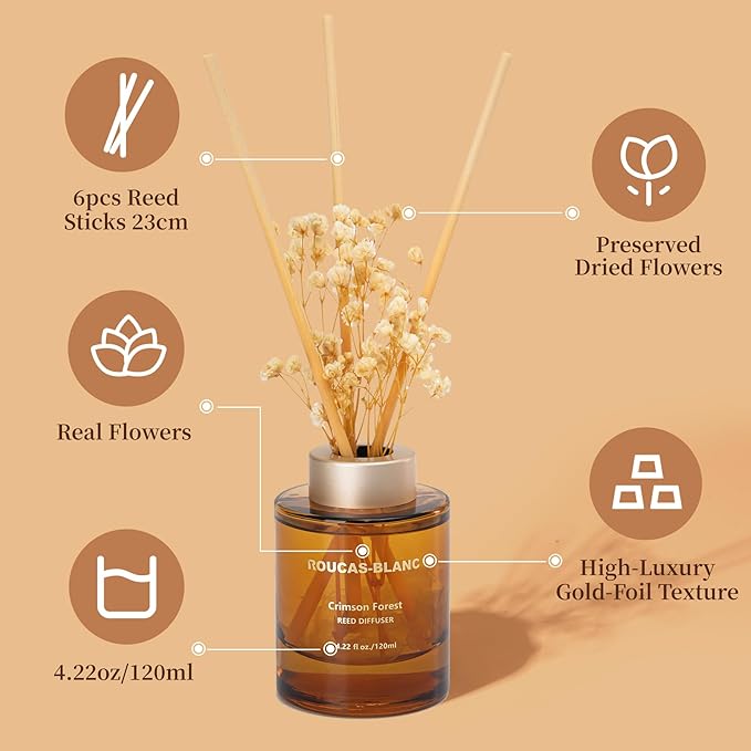 ROUCAS BLANC Reed Diffuser Set with Preserved Flowers, Tonka Bean and Woody Scented Diffuser with Sticks, 4.22 fl.oz., Room Decor & Bathroom Decor, Aromatherapy Home Fragrance Diffuser Non-Toxic Gift