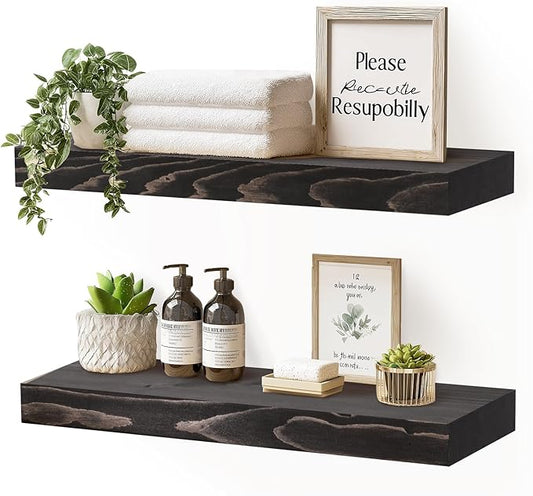 17x8x1.6 inch Floating Shelves Set of 2 – Solid Wood Rustic Black Wall Mounted Shelf for Kitchen, Bathroom, Living Room