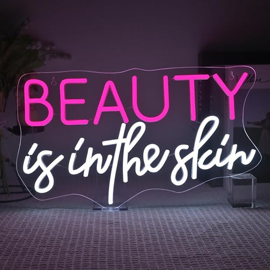 Lucunstar Beauty Is In The Skin Neon Sign,LED Neon pink cool white letters for facial spa wall neon for girl's room wall decoration beauty salon sign skincare salon beauty shop decoration