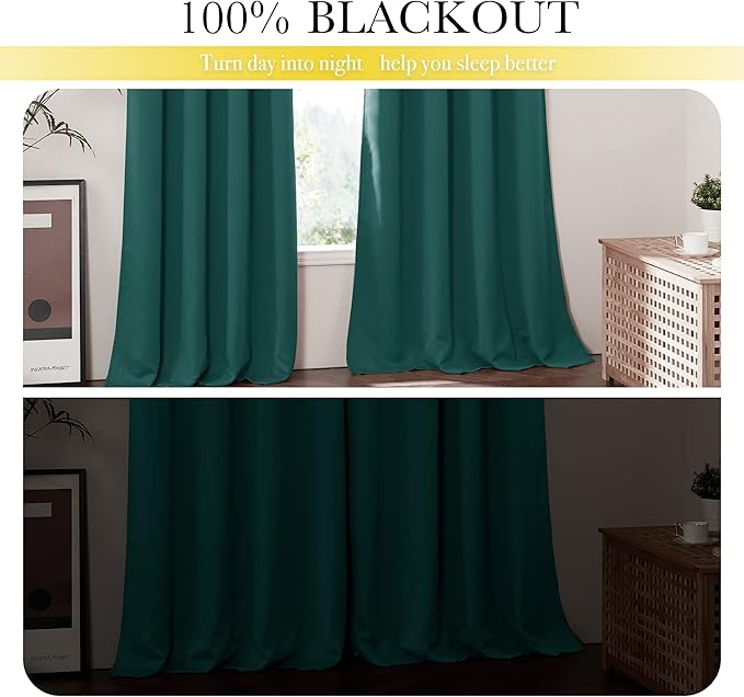 NICETOWN Emerald Green 100% Blackout Curtains, Thermal Insulated & Energy Efficiency Window Draperies for Guest Room, Full Shading Panels for Shift Worker and Light Sleepers, 52W x 84L, 2 PCs