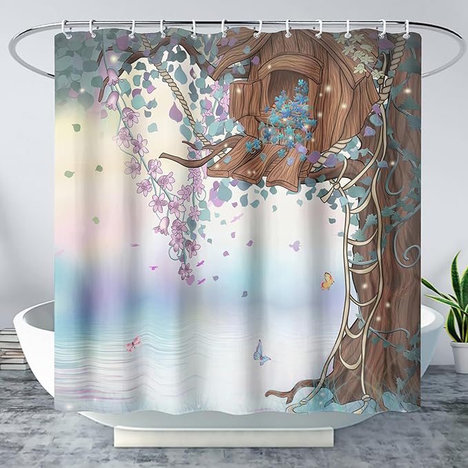 AILONEN Blue Tree Leaves Shower Curtain,Botanical Floral Plants Vine Shower Curtain,Butterfly Floral Shower Curtain for Bathroom Decor Polyester Waterproof with Grommets and Hooks 72" W*72" H