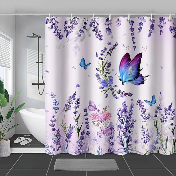 AILONEN Girls Butterfly Shower Curtain for Bathroom, Blooming Lavender Flower Purple Bath Curtain 48" W*72" H Polyester Fabric Waterproof Bathroom Curtain with 12 Hooks