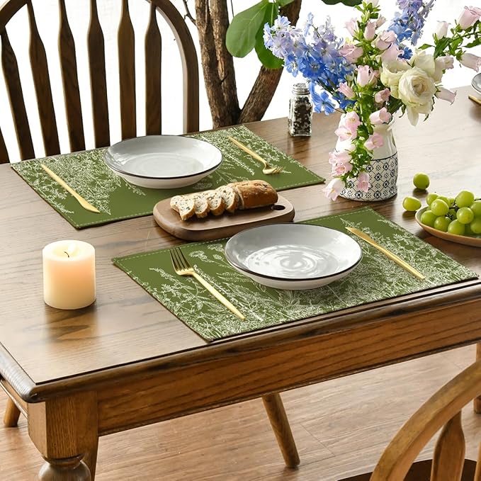 Artoid Mode Antique Herbs and Wild Flowers Spring Placemats Set of 4, 12x18 Inch Seasonal Sage Green Summer Table Mats for Party Kitchen Dining Decoration