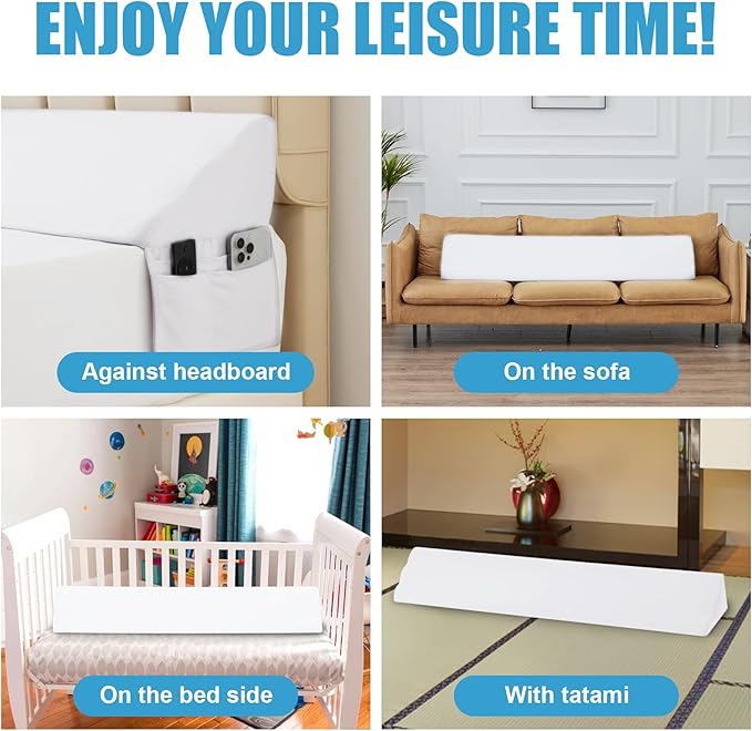 King Bed Wedge Pillow for Headboard, Foam Pillow Wedge for Headboard Gap, Mattress Bed Gap Filler King, Triangle Pillow Wedge, Anti-slip Bed Crack Pillow Space Filler King (76"×10"×6") White