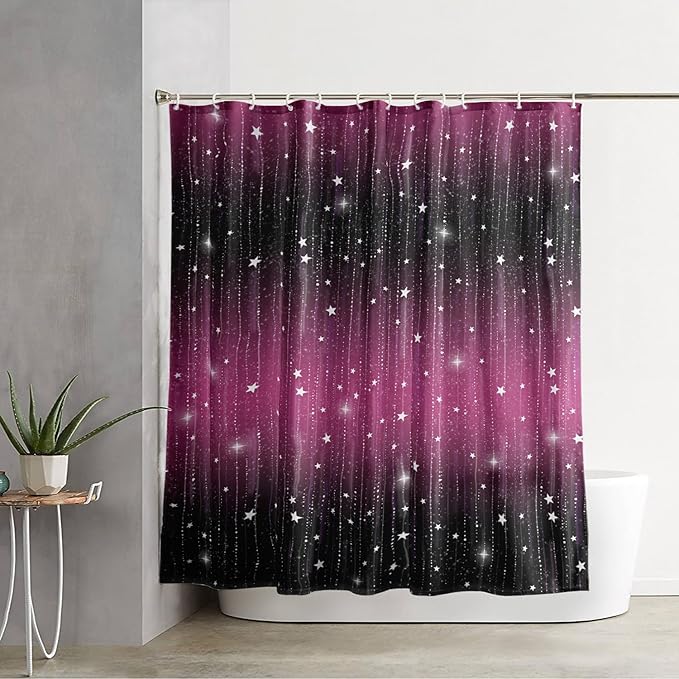 AILONEN White Star Shower Curtain,Dreamy Starry Sky Bathroom Fabric Shower Curtain for Girls Boys Kids Teens, 48" W*72" H Black and Purple Theme Bathroom Decor