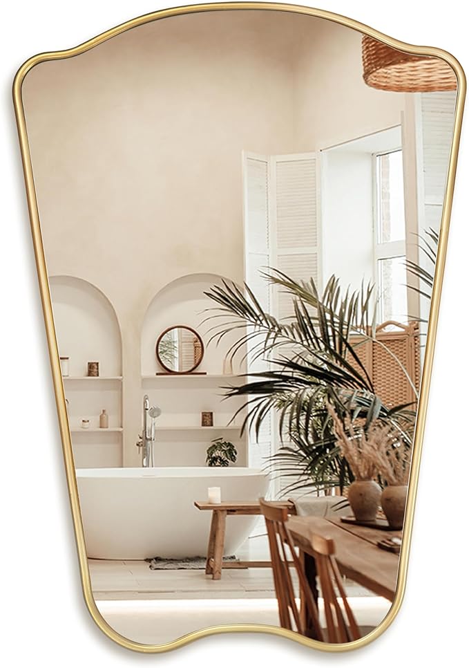 PERFNIQUE Gold Bathroom Mirror Irregular Wall Mirror, 32'' x 23'' Wood Framed Mirror, Decorative Vintage Mirror, Modern Vanity Mirror for Over Sink Bathroom Living Room Entryway, Modern Wall Decor