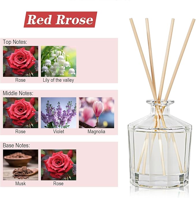 L'odeur Vill Reed Diffuser, 8.5 Oz(250ml) Red Rose Bathroom Diffuser with 10 Sticks, Scented Diffuser Home Fragrance Essential Oil Reed Diffuser Set for Home Large Rooms Bathroom Shelf Decor
