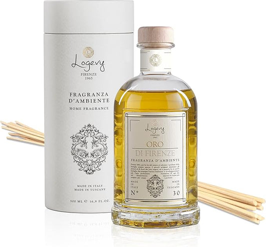 Logevy Firenze 1965 Oro di Firenze – Gold of Florence Luxury Home Fragrance Diffuser by Italian Master Perfumer with Floral & Earthy Notes in Elegant Glass Bottle with 12 Natural Bamboo Reeds – 500ml