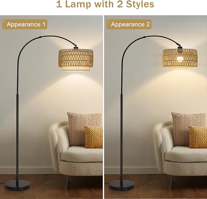 Rattan Floor Lamp, Dimmable Arc Floor Lamps for Living Room, Boho Farmhouse Standing Lamp with Adjustable Head, Tall Pole Lamp Reading Light for Bedroom, Over Couch, Office, 9W LED Bulb Included