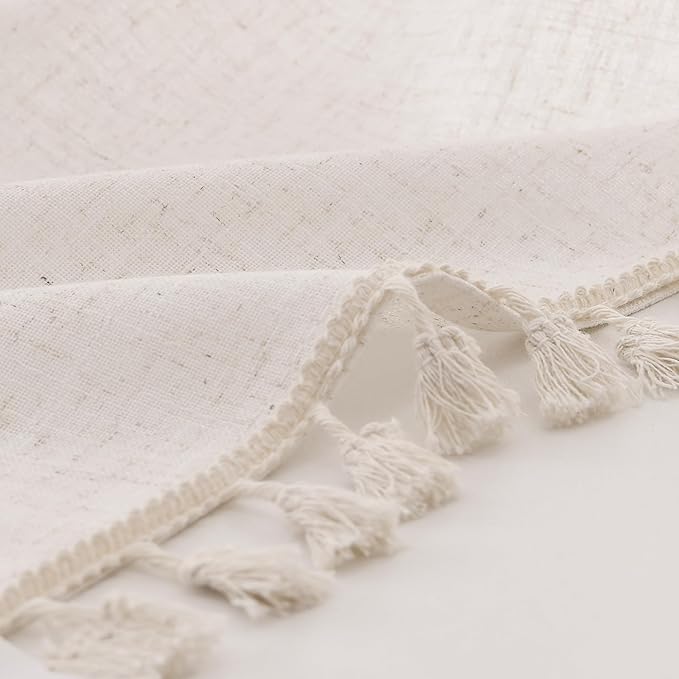 Beige Boho Linen Curtains 80 Inches Long 2 Panels Textured Farmhouse Semi Sheer Window Curtains Tassels Back Tab Neutral Light Filtering Chic Curtain Drapes for Living Room Bedroom 38x80