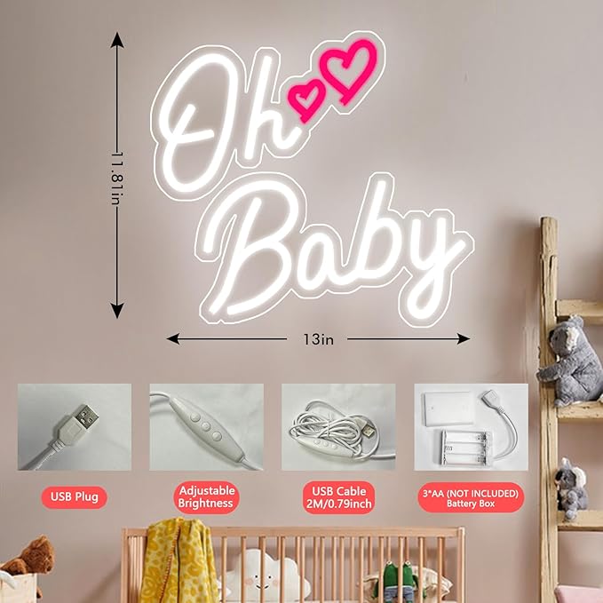 Oh Baby Neon Signs, Battery or Usb Powered Neon Signs for Wall Decor, Adjustable Brightness Led Neon Signs(13 x 11.8 inches)