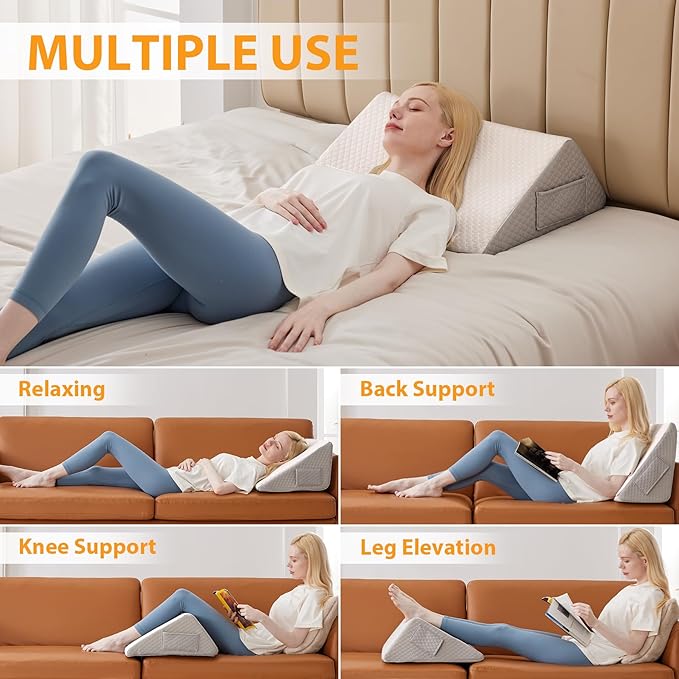 Knee Wedge Pillow, 8"Wedge Pillow for Knee Pain Relief, Premium Memory Foam Knee Pillow for Back Sleeping, Triangle Wedge Pillow for Leg Elevation, Back Pain, Sciatica, Hip Support, White/Grey