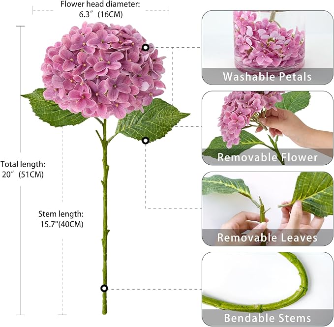 4Pcs 20" Real Touch Hydrangea Artificial Flowers Dark Pink Lifelike Fake Latex Hydrangeas for Baby Shower Party Wedding Flower Arrangement Indoor Home Office Xmas Table Decoration