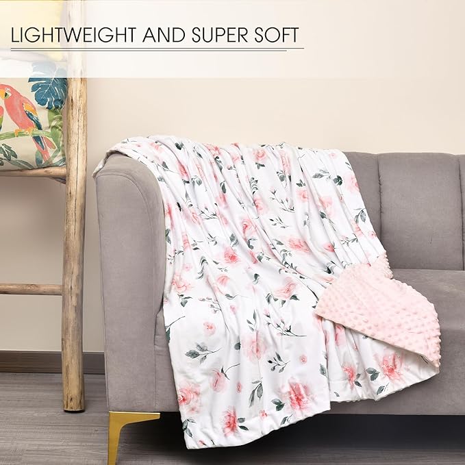 Minky Baby Throw Blanket for Girls, 50x60 Inches Soft Lightweight Micro Fleece Blanket with Double Layer, Dotted Backing, Breathable Receiving Blanket for Newborns, Floral Flowers
