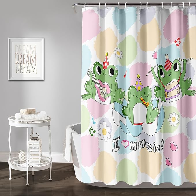 AILONEN Frog Shower Curtain, Cute Frog Bathroom Curtain,Music Frog Green Cartoon Kids Shower Curtain 72" W*78" H Polyester Waterproof Frog Bathroom Curtain with 12 Hooks