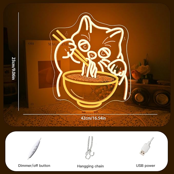 Ramen Cat Neon Sign Wall Decor, Cat Noodles Led Food Sign Dimmable Noodle Anime Fortune Cat Light Up Suitable For Baby Girls Room Japanese Resturant Home Bar Kitchen Dinning Bedroom Art Decor Gifts