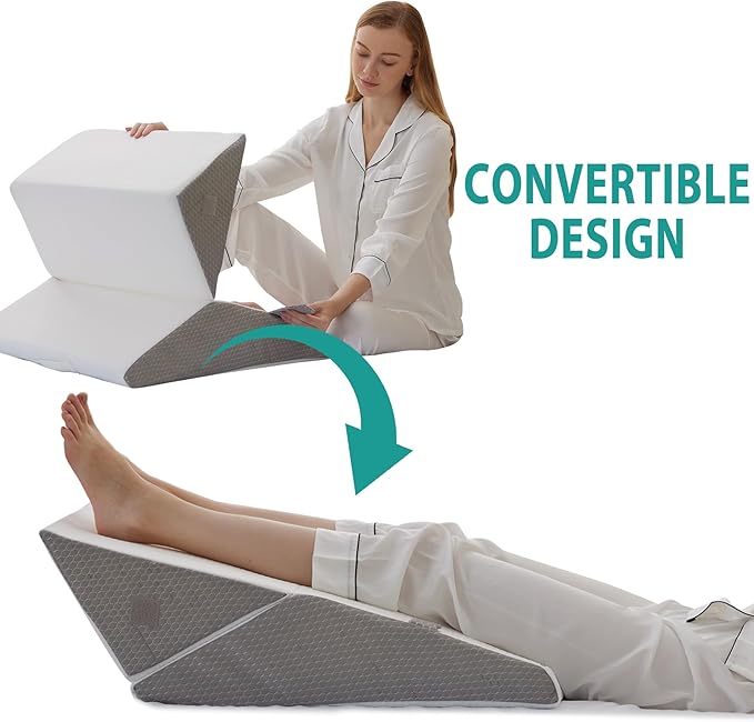 Wedge Pillow for Sleeping, Adjustable 9&12 Inch Foldable Bed Wedge Pillow Set, Orthopedic Memory Foam Triangle Pillow Wedge, 7-in-1 Elevated Pillows for Leg and Back Support, White/Grey