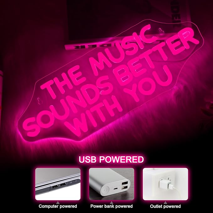 The Music Sounds Better with You Neon Sign，Romance Neon Signs for Wall Decor，Led Neon Sign Aesthetic Room Decor for Teen Girls Neon Lights Signs for Bedroom, Salon, Party Pink Neon Name Sign