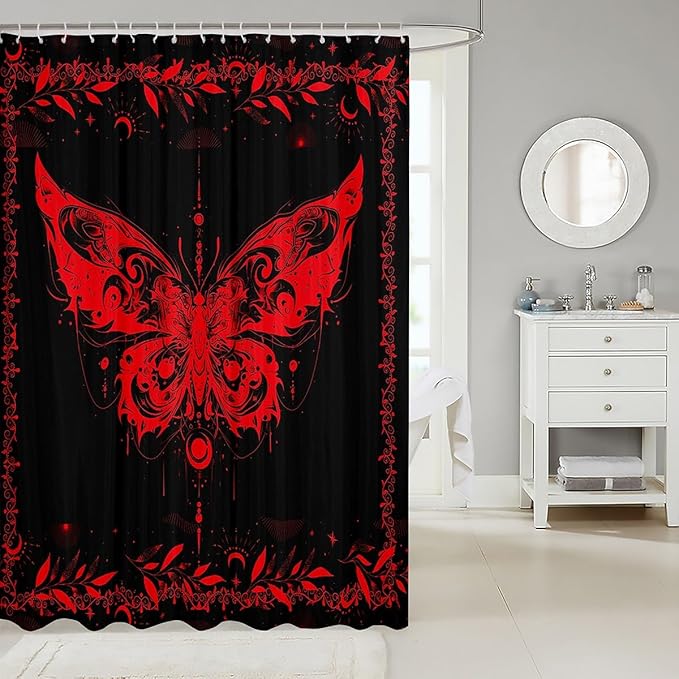 Feelyou Boho Red Butterfly Fabric Shower Curtain Bohemian Moth Shower Curtain for Kids Boys Girls Moon Galaxy Bathroom Waterproof Accessories with 12 Hooks Black and Red Curtains,72X78 Inches