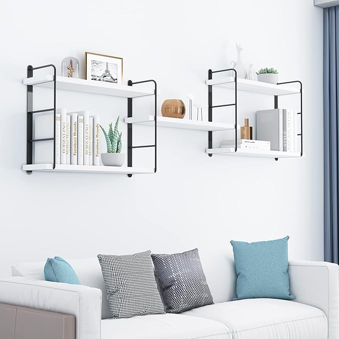 Wall Mounted Floating Shelves, Wall Shelves, Rustic Wall Decor Wood Shelves for Bedroom, Living Room, Bathroom and Kitchen Storage, Easy Installation (5, White)