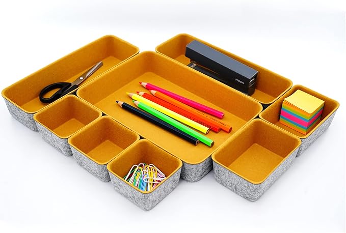 Welaxy desk drawer organizers tray dividers small shallow felt storage box for office suppliers entryway catchall key holder makeup crafts pens decluttering 8-piece back to school (Curry)