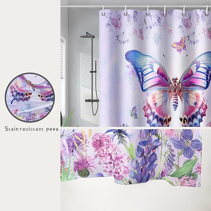 AILONEN Colorful Butterfly Shower Curtain for Girl Women,Purple Flower Beautiful Butterfly Printed Bath Curtain 72" W*96" H Polyester Fabric Waterproof Bathroom Bathtub Curtain with 12 Hooks
