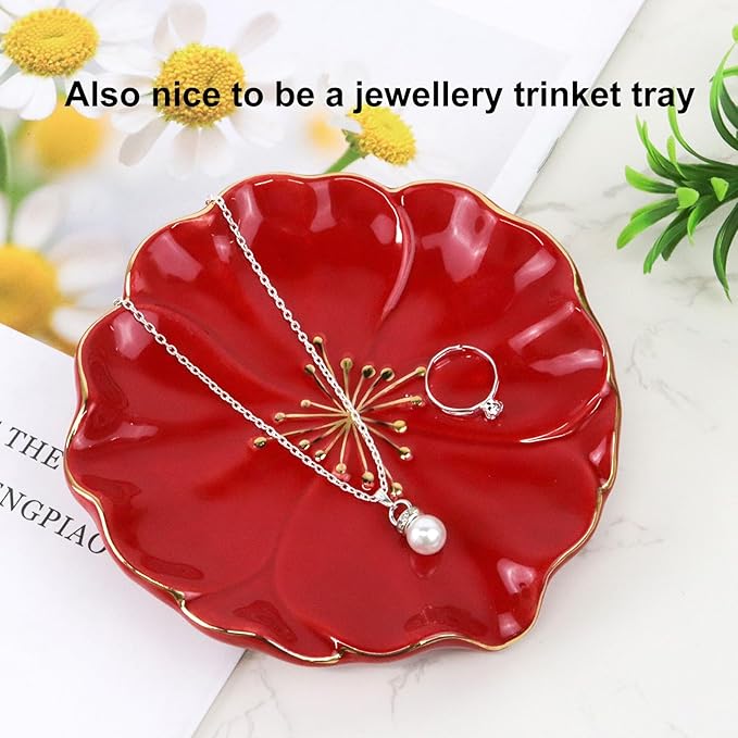 Ceramic Self Draining Soap Dish Red Hibiscus Flower Waterfall Soap Dish Soap Savers for Bathroom,Shower,Bar Counter