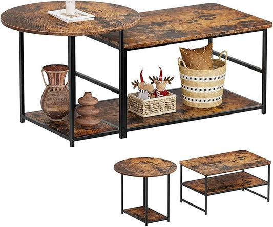 WOHOMO Coffee Table, Mid Century Modern Coffee Table for Living Room Rustic Farmhouse Center Table 2 in 1Detachable Table Set, Rustic Brown