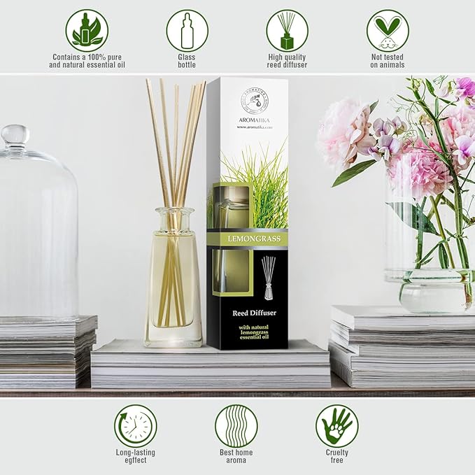 Lemongrass Diffuser w/Lemongrass Oil 3.4 Fl Oz - Scented Reed Diffuser - 0% Alcohol - Diffuser Gift Set - Best for Aromatherapy - Room Air Fresheners - Lemongrass Essential Oil Diffuser