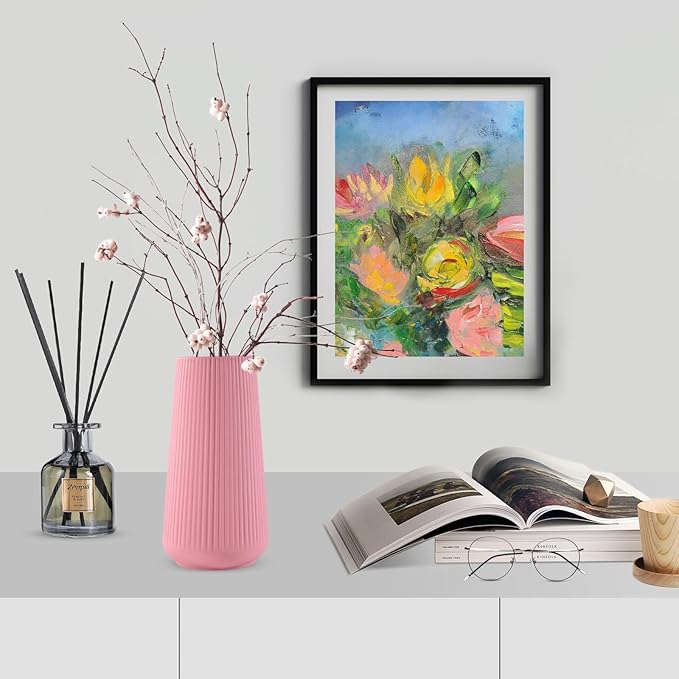 All Pink Ceramic Vase, GUKJOB Small Cute Flower Vase for Pampas Grass, Home, Living Room, Dining Table, Farmhouse, Office Decor, Bedroom, Table, and Kitchen Shelf (All Pink)