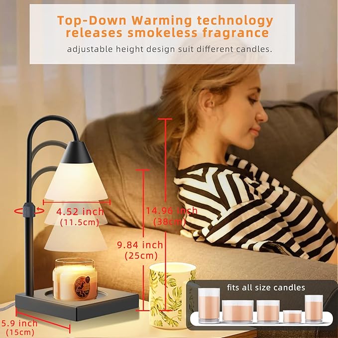 Candle Warmer Lamp, Dimmable Metal Lamp Height Adjustable, Compatible with Yankee and 3 Wick Large Jars, Lamps Scented Wax for Home Decor (Glass-Black), LALISUACTF01