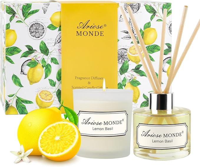 Reed Diffuser & Scented Candle Gift Set, Lemon Basil Oil Diffuser Sticks, Fragrance Diffuser & Soy Wax Candles in Glass Jar, Natural Soy Candles Gifts for Home Decor