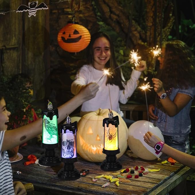 Eldnacele Halloween Flameless Candle Lamp Battery Operated with Remote and Timer, Spooky Horror Skull Crow Spider Decals LED Candle Lights Indoor Home Decor Candles Set of 3, 2.8" D x 7.8" H