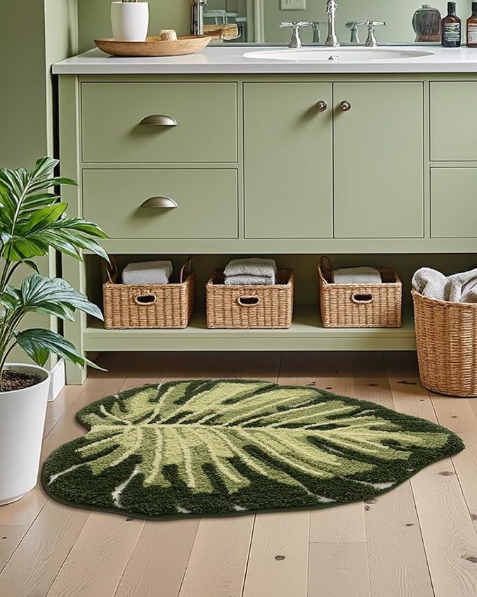 LUMI Cute Bathroom Rugs with Green Leaf Plant, Soft, Fluffy, Plush, Absorbent, Quick Dry, Non Slip, Machine Washable for Shower Floor, Bathroom, Bedroom,Kids Room, 23.5"x31.5", Monstera