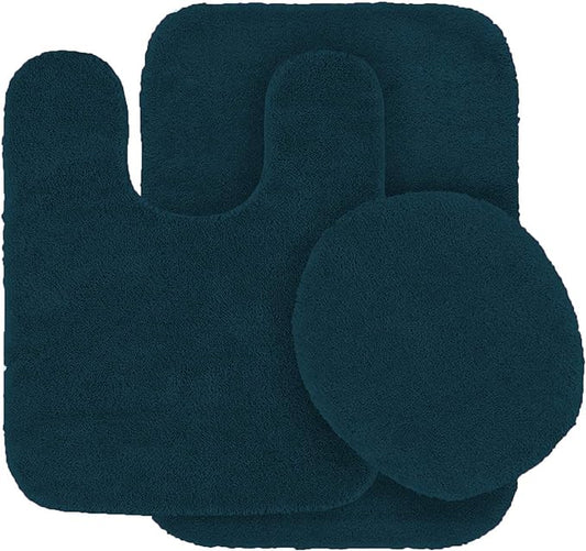 Mk Home LLC 3 Piece Bathroom Rug Set Bath Rug, Contour Mat & Lid Cover Non-Slip with Rubber Backing Solid Navy New