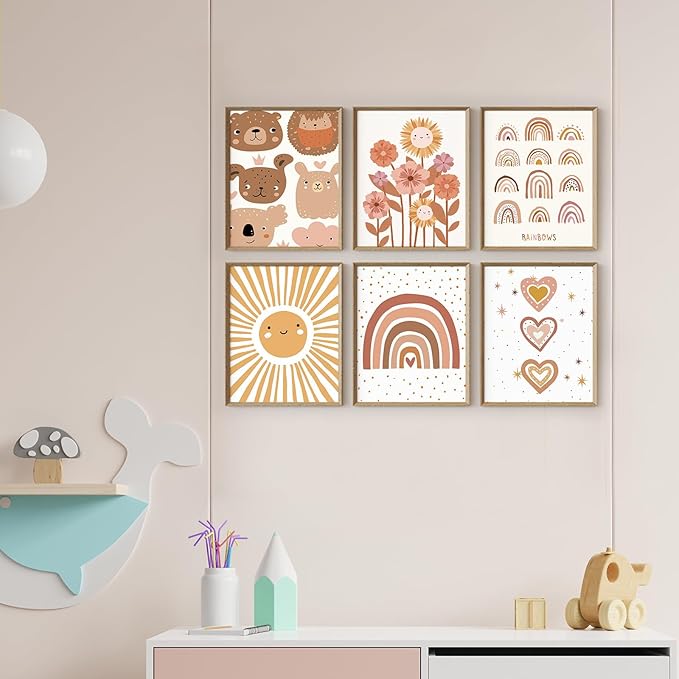 Canssape Set of 6 Boho Baby Nursery Wall Decor | 8"x10" Rainbow Posters for Children's Room | Sunshine Kids Wall Decor Nursery Wall Art Prints (Unframed)