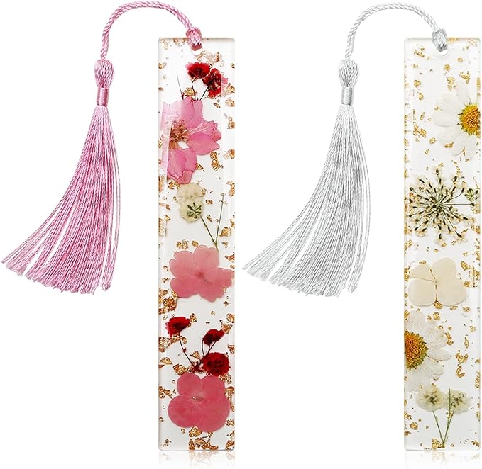 Bookmarks for Women, Kaluofan 2PCS Book Marks for Reading Women, Durable Handmade Dried Flower Resin Bookmarks with Tassels, Pretty and Increase Reading Interest