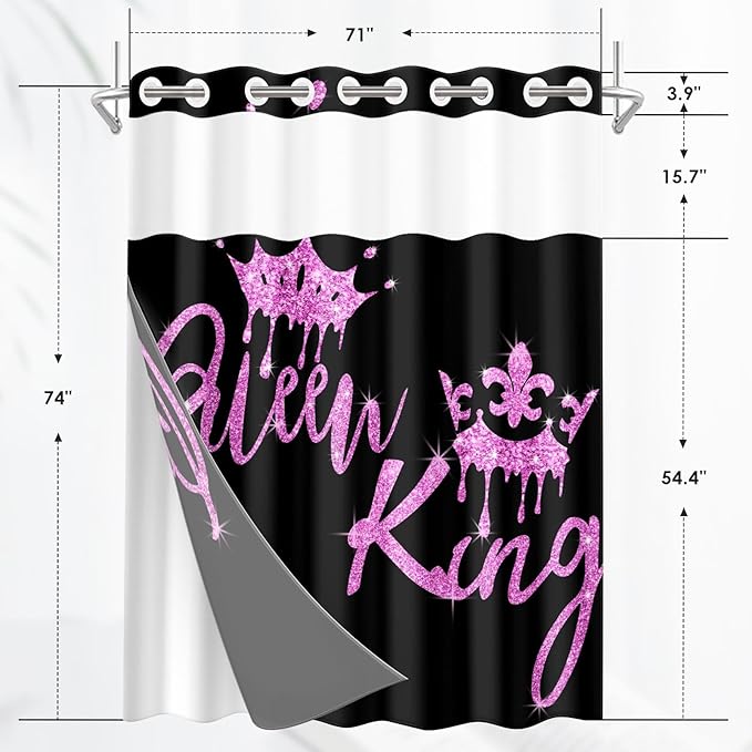 King and Queen No Hook Shower Curtain with Snap in Liner, Black and Pink Glitter Bath Curtain with Double Layers Waterproof Fabric and Mesh Top Window 71x74 Inch