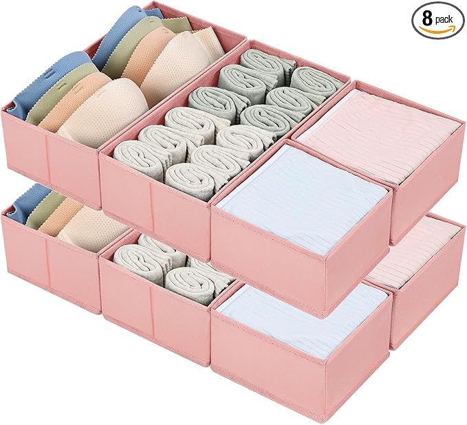 DIMJ Drawer Organizers for Clothing, Set of 8 Dresser Drawer Organizers, Fabric Closet Organizers and Storage, Drawer Dividers for Baby Clothes, Socks, Belt, Tie (Pink)