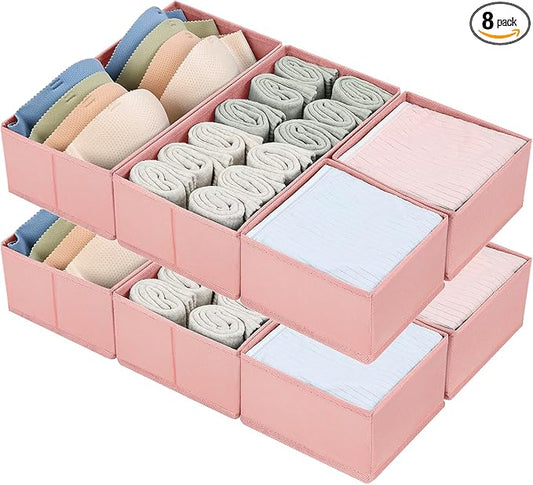 DIMJ Drawer Organizers for Clothing, Set of 8 Dresser Drawer Organizers, Fabric Closet Organizers and Storage, Drawer Dividers for Baby Clothes, Socks, Belt, Tie (Pink)