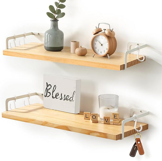 Gronda Floating Shelves for Wall Storage Shelf with White Brackets for Bathroom Kitchen Laundry Over Toilet Wooden Hanging Organizer Rustic Boho Decor for Bedroom Living Room, Set of 2
