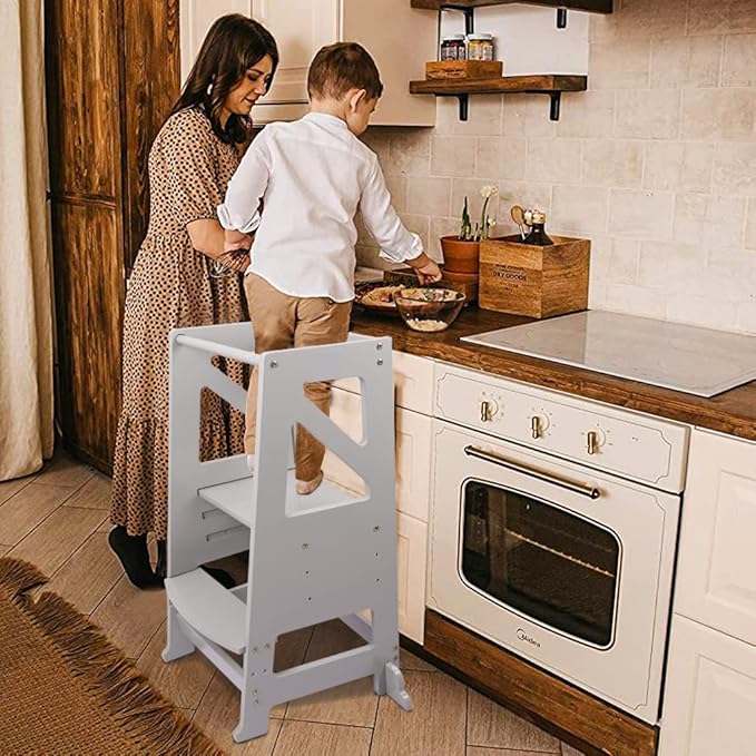 Toddler Step Stool - Toddler Tower with Message Boards & Safty Rail, Adjustable Height Learning Tower for Toddlers 1-3, Chalkboard and Whiteboard, Anti-Slip Protection,Wooden Toddler Counter (Grey)