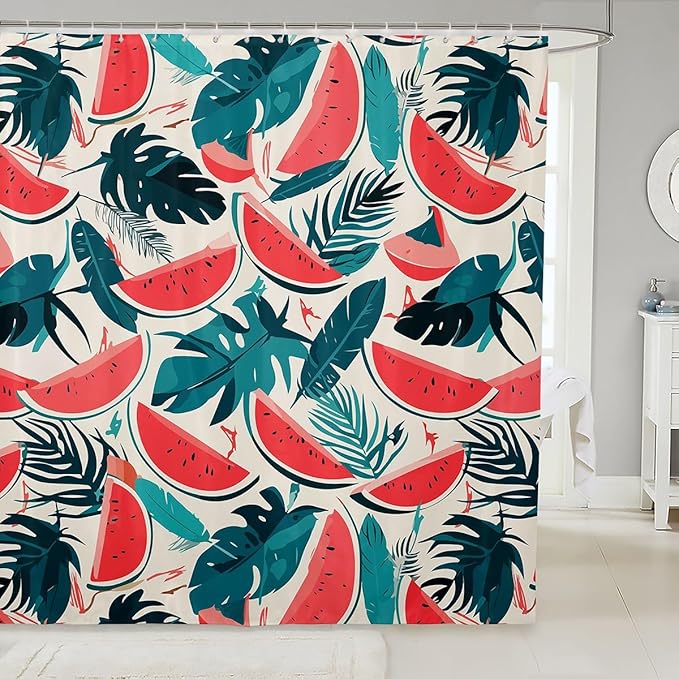 Feelyou Tropical Leaves Shower Curtain Watermelon Fabric Shower Curtain for Kids Boys Girls Colour Bathroom Waterproof Accessories with 12 Hooks Green Leaf Curtains,72x78 Inches