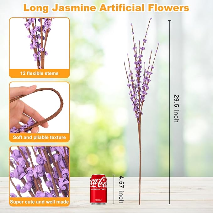 5 Pcs 29.5" Long Jasmine Artificial Flowers Fake Flower Dry Branches for Home Office DIY Floral Art Plant Wedding Table Centerpieces Party Vase Decoration (Macaron Purple)