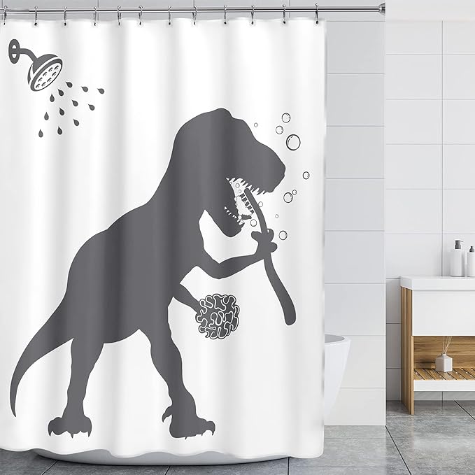 LGhtyro Extra Long Funny Dinosaur Shower Curtain 71Wx84H Inch Cool Dino Shower Curtain Bathroom Set Cute Animal Shadow Silhouette Bath Curtain Black White Kids Accessories for Teens Boy Bathroom Decor