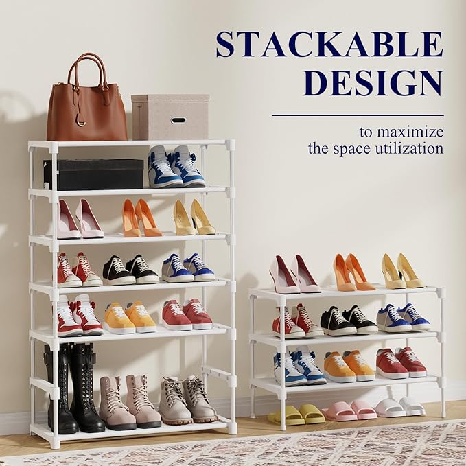Kitsure Shoe Rack - Premium Non-Woven Shoe Rack Shelf, Shoe Organizer for Closet, Entryway, Garage & Corridor, Sturdy & Durable Long Stackable Shoe Shelves, Medium, White
