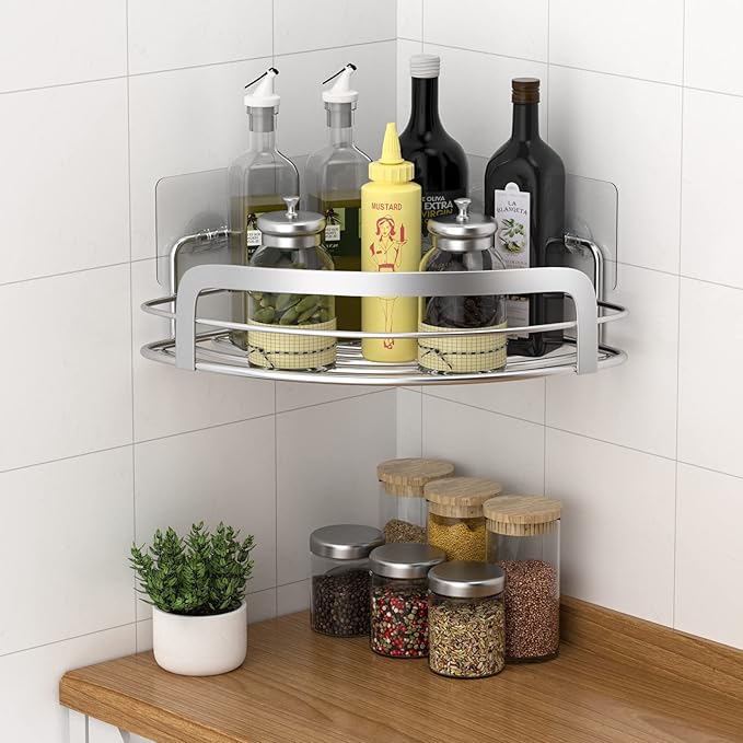 STEUGO 2 Pack Shower Caddy Corner, Bathroom Corner Shower Shelfs, Adhesive Wall Mounted Shower Caddy with 4 Movable Hooks, No Drilling Shower Shelf, Stainless Steel Silver.