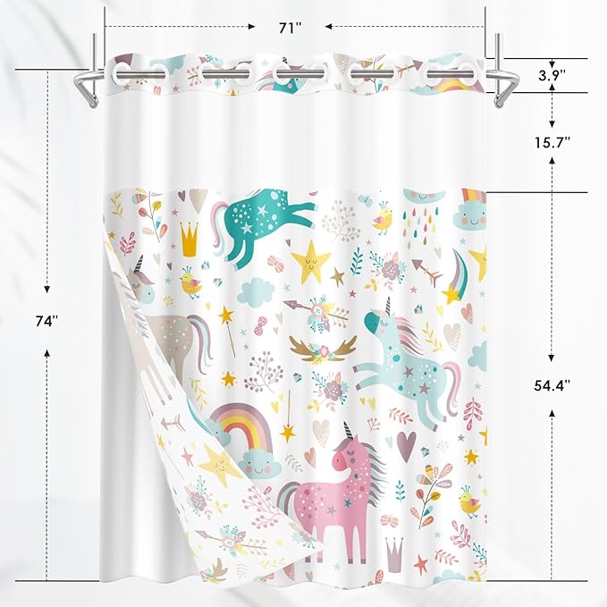 Unicorns Rainbow Cute No Hook Shower Curtain with Snap in Liner, Cloud Fun Girl Kids Colorful Bath Curtain with Double Layers Waterproof Fabric and Mesh Top Window 71x74 Inch